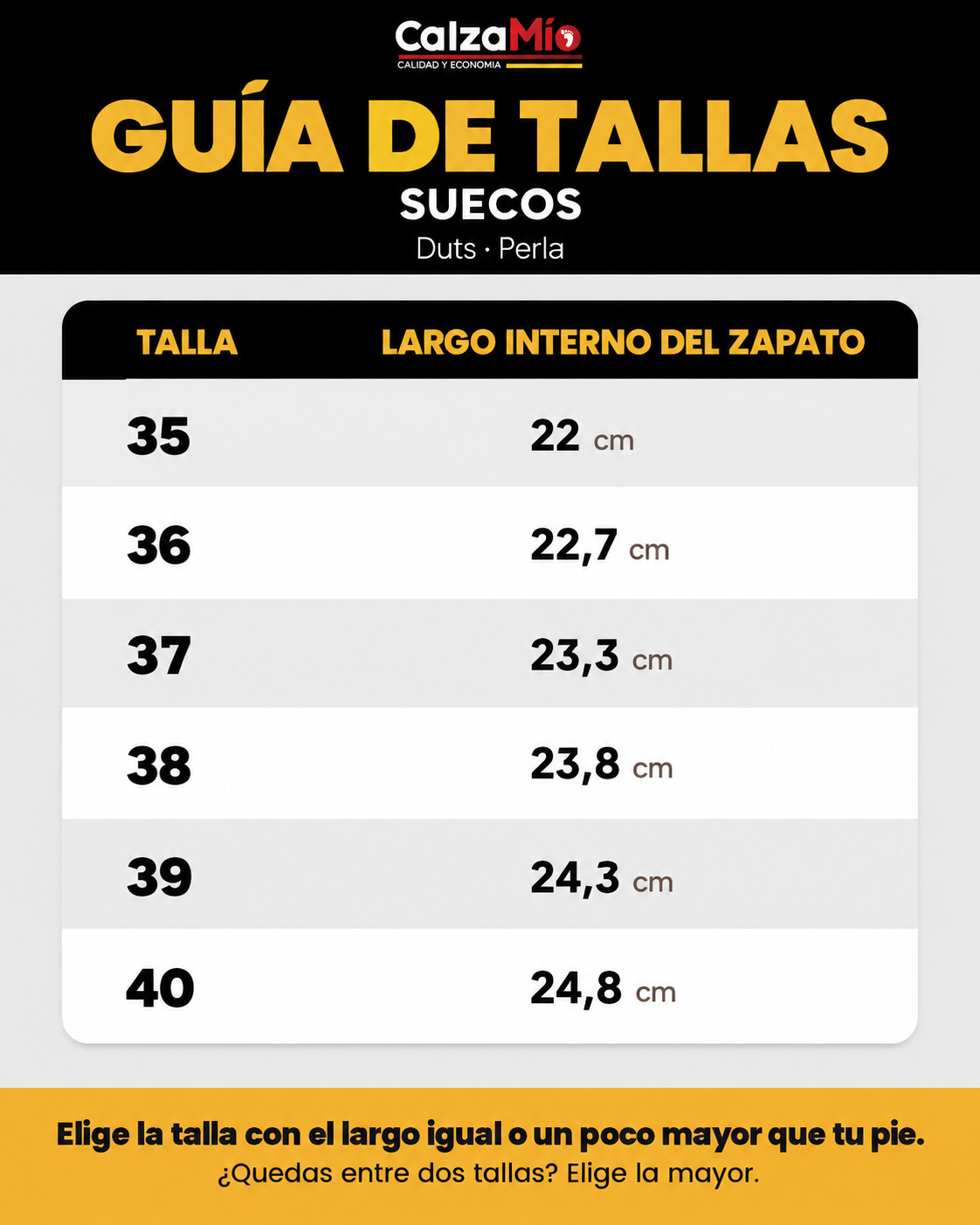 Guía de tallas Suecos CalzaMío