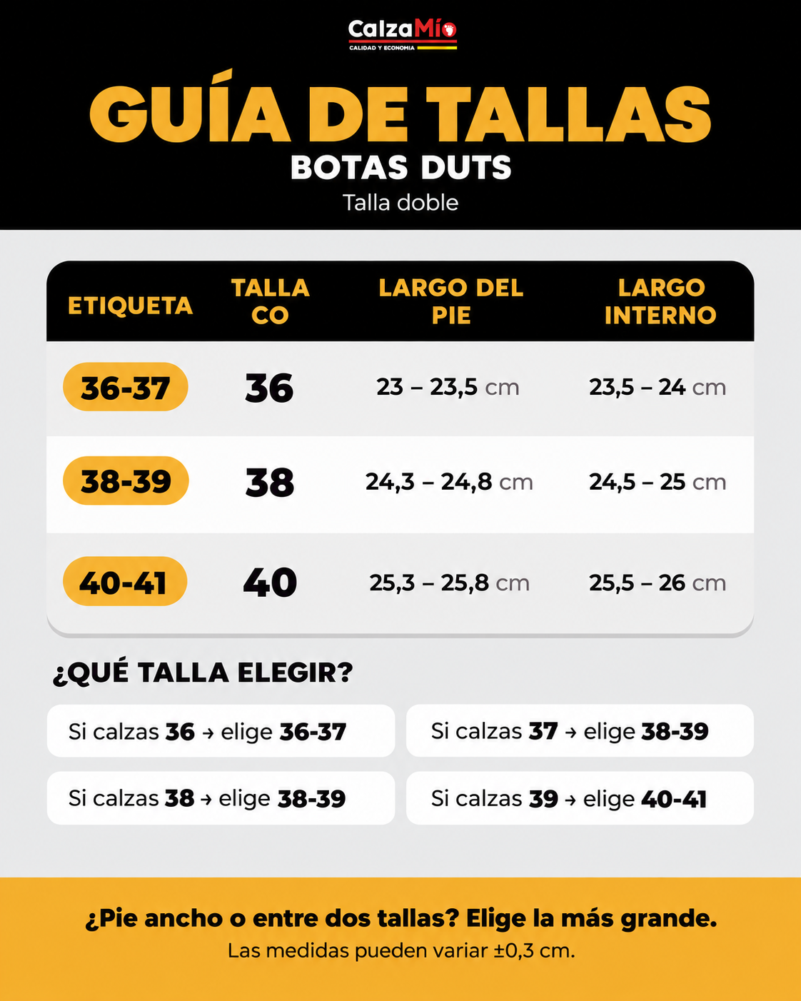 Guía de tallas Botas Duts CalzaMío